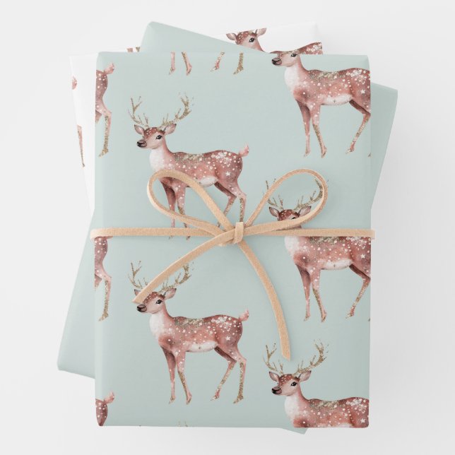 Sage Green Christmas Deer Wrapping Paper Sheet (In situ)