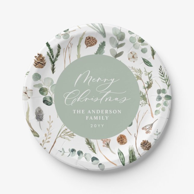 Sage green Christmas minimal botanical Paper Plate (Front)