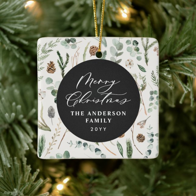 Sage green Christmas minimal botanical photo Ceramic Ornament (Tree)