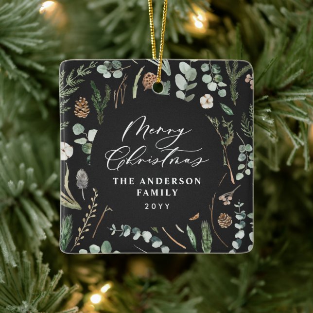 Sage green Christmas minimal botanical photo Ceramic Ornament (Tree)