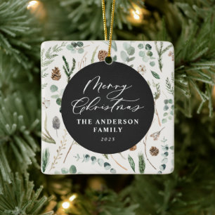 Sage green Christmas minimal botanical photo Ceramic Ornament