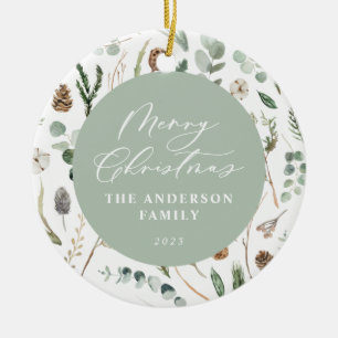 Sage green Christmas minimal botanical photo Ceramic Tree Decoration