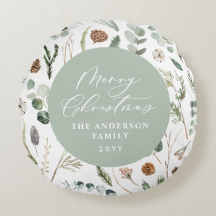 Sage green Christmas minimal botanical Round Cushion