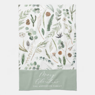 Sage green Christmas minimal botanical Tea Towel