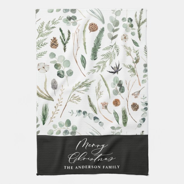 Sage green Christmas minimal botanical Tea Towel (Vertical)