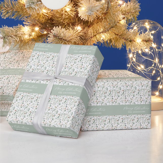 Sage green Christmas modern minimal botanical gift Wrapping Paper (Holidays)