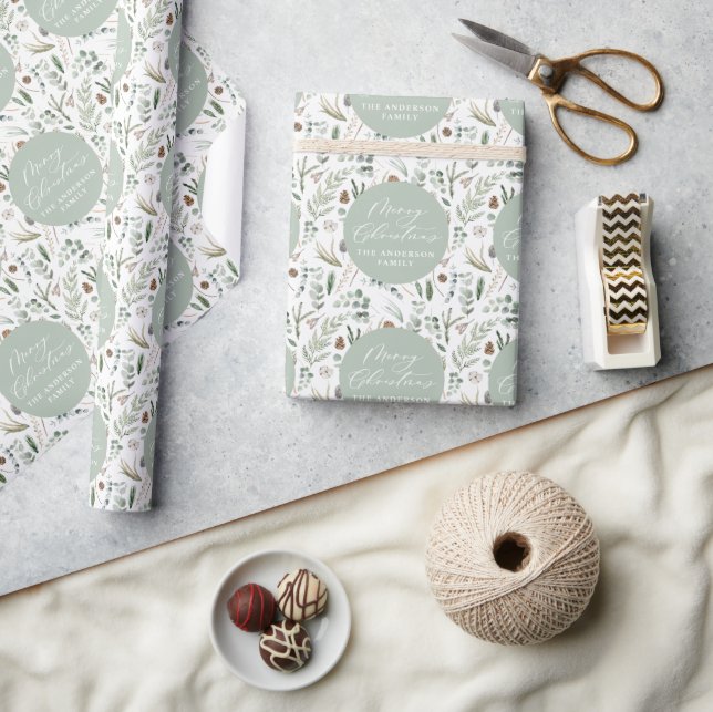 Sage green Christmas modern minimal botanical Wrapping Paper (Crafts)