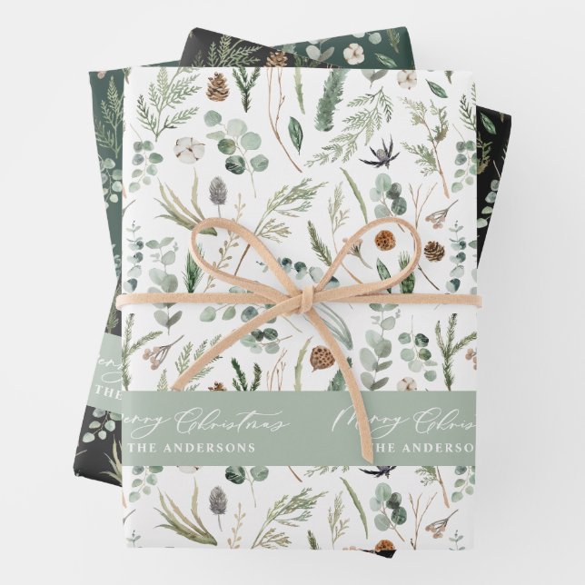 Sage green Christmas modern minimal botanical Wrapping Paper Sheet (In situ)