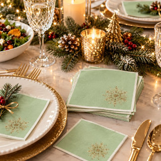Sage Green Christmas Napkins with Gold Snowflake,