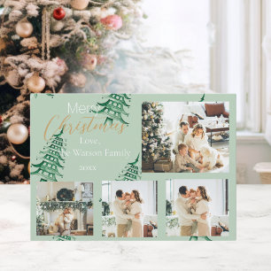 Sage Green Christmas Pagoda Trees 5-Photo Holiday Card