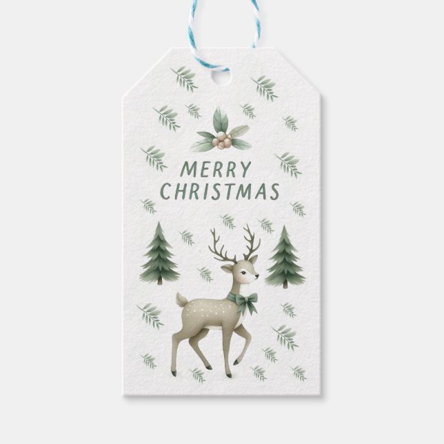 Sage Green Christmas Trees & Reindeer Gift tag (Front)