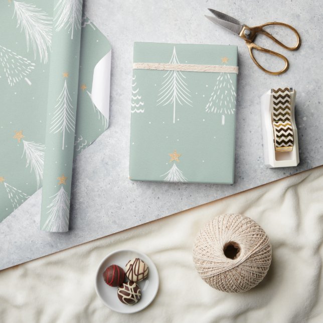 Sage green Christmas Trees  Wrapping Paper (Crafts)