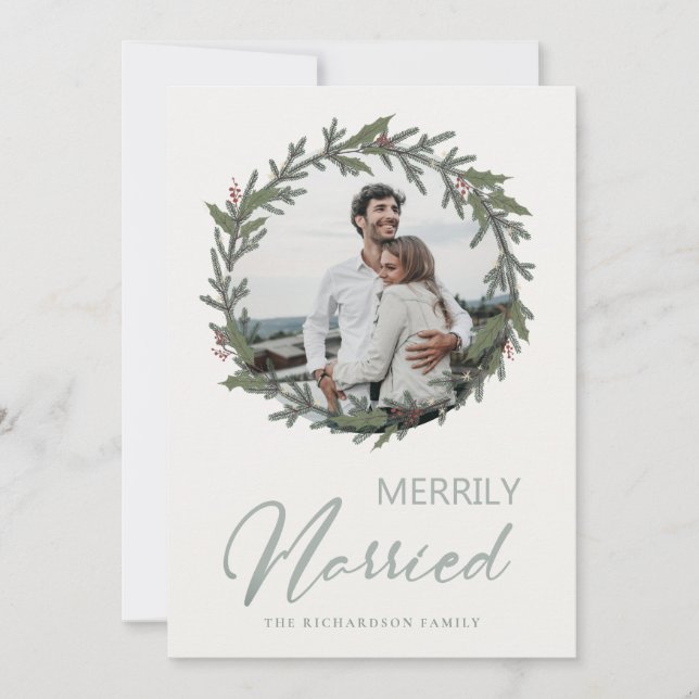 Sage Green Christmas Wreath Photo Merrily Married Holiday Card (Front)