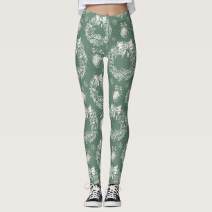 Sage Green Christmas Wreath Toile Ivory Snowflakes Leggings