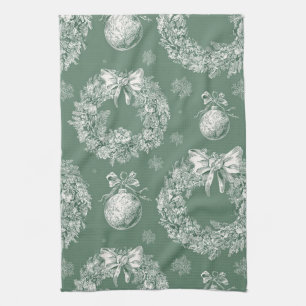 Sage Green Christmas Wreath Toile Ivory Snowflakes Tea Towel