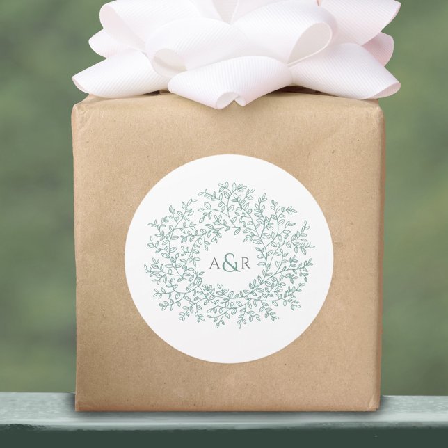 Sage green circle of leaves monogram wedding classic round sticker (Creator Uploaded)