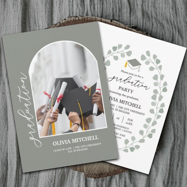 Sage Green Class of 2024 Arch Photo Graduation Invitation (Celebrate with these modern sage green graduation invitations celebrating the class of 2024 #chic)