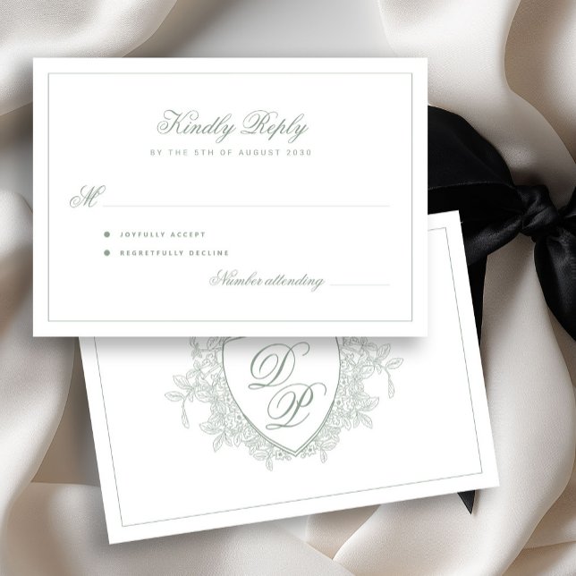 Sage green classic crest monogram wedding RSVP card (Creator Uploaded)