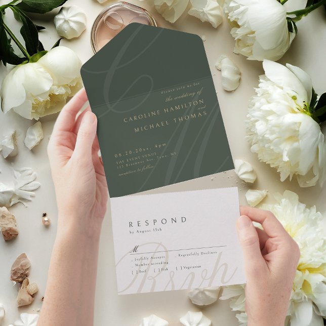 Sage Green Classic Elegance calligraphy monogram All In One Invitation (Sage Green Classic Elegance calligraphy monogram All In One Invitation)