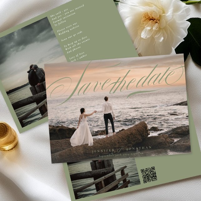 Sage Green Classic Elegant QR Code Photo Wedding Save The Date (Creator Uploaded)
