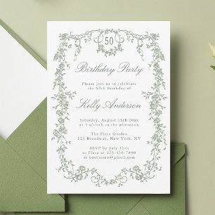 Sage Green Classic Floral 50th Birthday Party Invitation