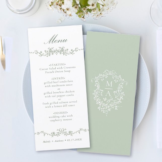 Sage Green Classic Floral Border Wedding Menu (Front & Back)