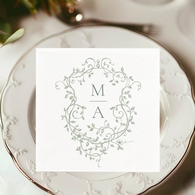 Sage Green Classic Floral Crest Monogram Wedding Napkin (Creator Uploaded)