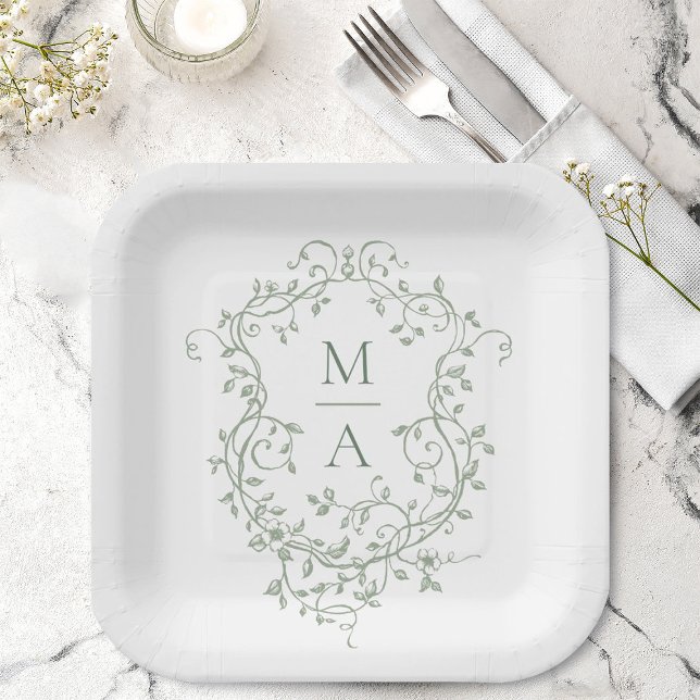 Sage Green Classic Floral Crest Monogram Wedding Paper Plate (Creator Uploaded)