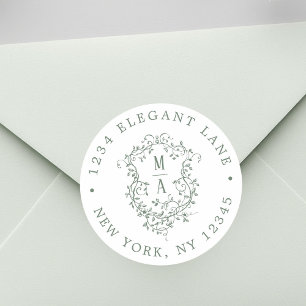 Sage Green Classic Floral Crest Return Address  Round Sticker