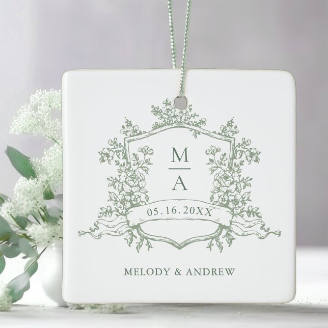Sage Green Classic Floral Crest Wedding Photo Ceramic Ornament (Creator Uploaded)