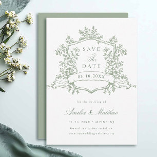 Sage Green Classic Floral Crest Wedding  Save The Date