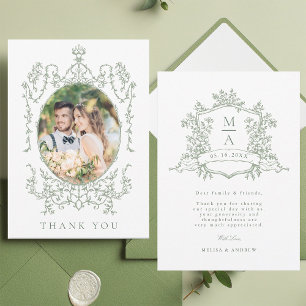 Sage Green Classic Floral Frame Wedding Photo Thank You Card
