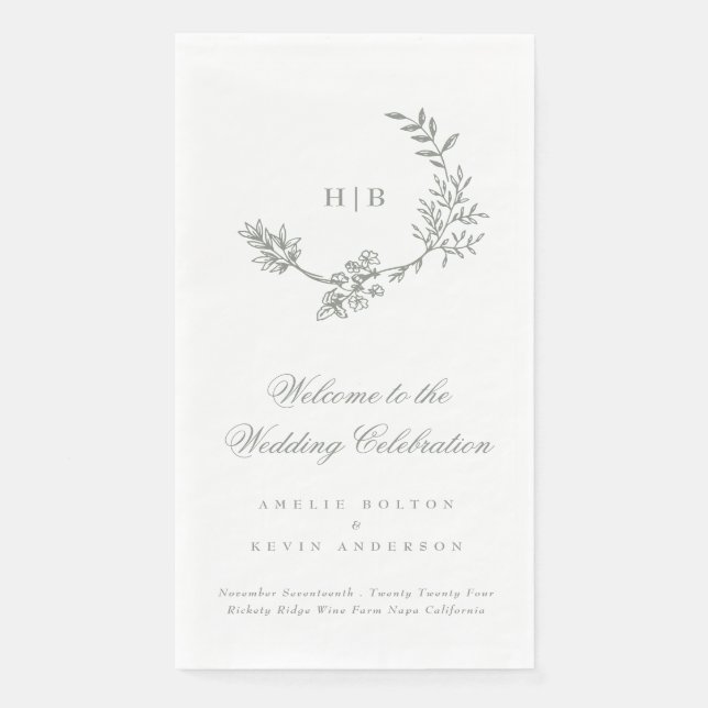 Sage Green Classic Floral Wreath Monogram Wedding Napkin (Front)