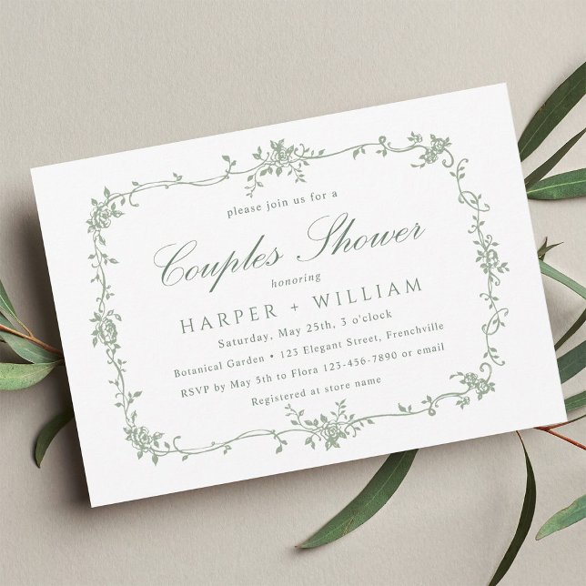 Sage Green Classic French Floral Couples Shower Invitation (Creator Uploaded)