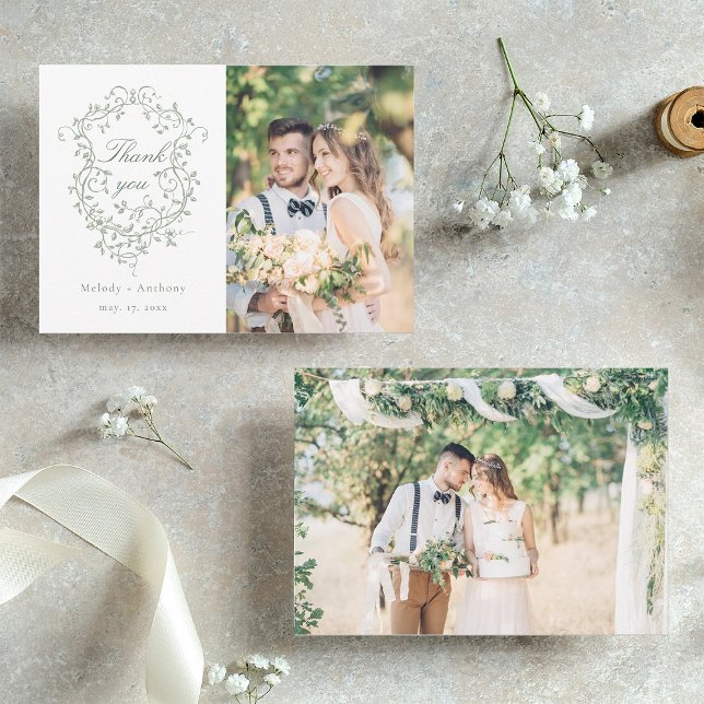Sage Green Classic French Floral Crest 2 Photo Thank You Card (Front & Back)