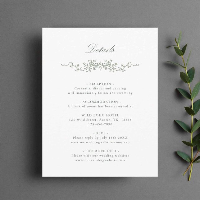 Sage Green Classic French Floral Wedding Details Enclosure Card (Creator Uploaded)