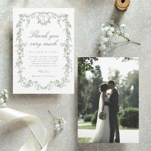 Sage Green Classic French Floral Wedding Photo Thank You Card