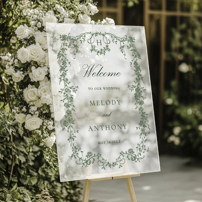Sage Green Classic French Floral Wedding Welcome Acrylic Sign (Creator Uploaded)