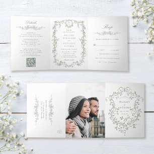 Sage Green Classic French Victorian Floral Wedding Tri-Fold Invitation