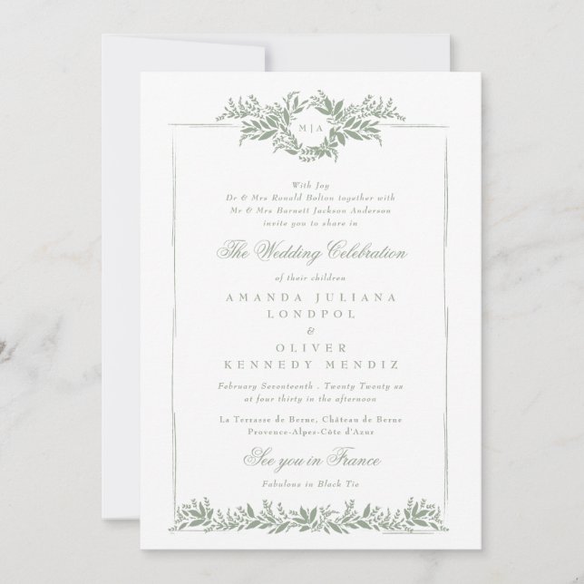 sage green classic leafy wreath etch frame wedding invitation (Front)