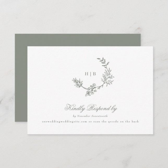 Sage Green classic monogram QR CODE wedding wreath RSVP Card (Front/Back)