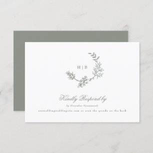 Sage Green classic monogram QR CODE wedding wreath RSVP Card