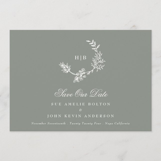 Sage Green Classic Monogram Wreath Photo Wedding Save The Date (Front)