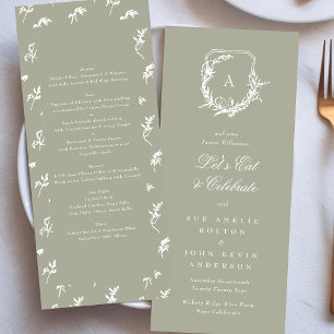 sage green classic vintage monogram crest wedding menu