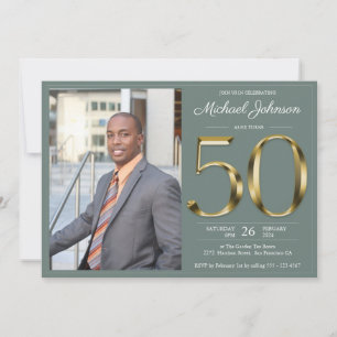 Sage Green Classy 50th Gold Custom Photo Birthday Invitation