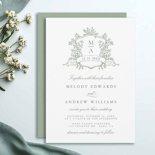 Sage Green Classy Floral Crest Wedding Invitation (Creator Uploaded)