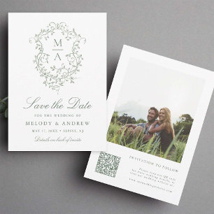 Sage Green Classy French Floral Crest Photo Save The Date