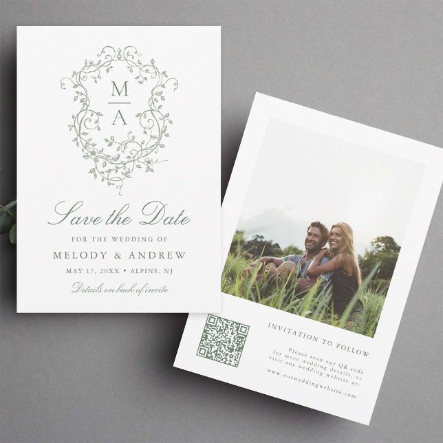 Sage Green Classy French Floral Crest Photo Save The Date (Front & Back)