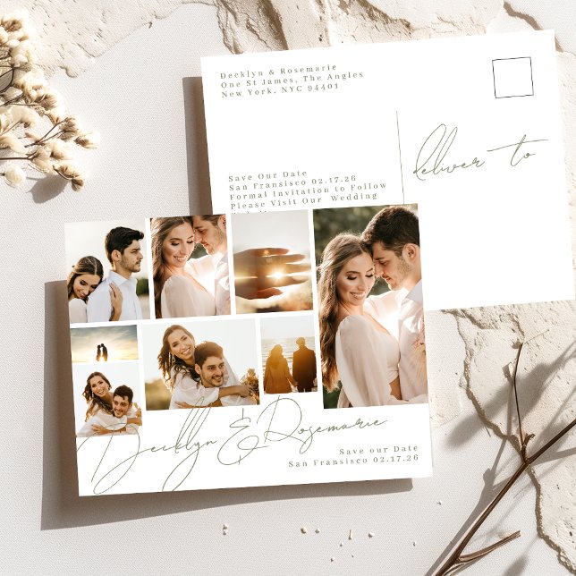 Sage Green Collage Multi 8 Photo Save The Date Announcement Postcard (Creator Uploaded)