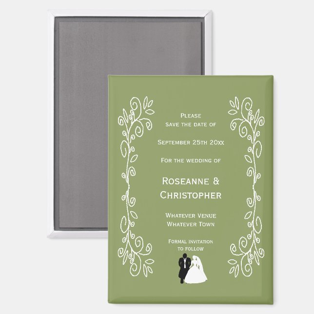 Sage Green Coloured Bride And Groom Design Wedding Magnet (Front/Back)